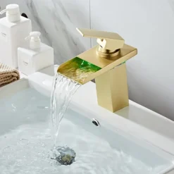 Bathroom Sink Faucet with Supply Hose,LED Waterfall Spout Single Handle Single Hole Vessel Lavatory Faucet,Slanted Body Basin Mixer Tap