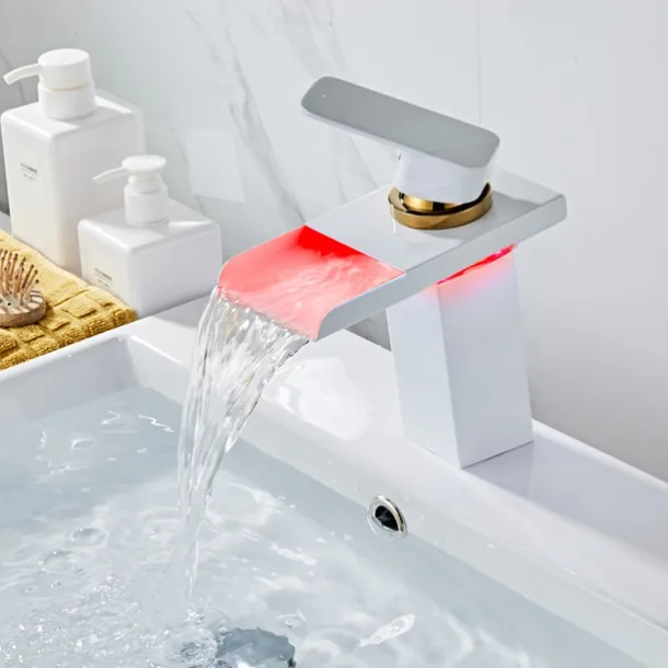 Bathroom Sink Faucet with Supply Hose,LED Waterfall Spout Single Handle Single Hole Vessel Lavatory Faucet,Slanted Body Basin Mixer Tap