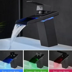 Bathroom Sink Faucet with Supply Hose,LED Waterfall Spout Single Handle Single Hole Vessel Lavatory Faucet,Slanted Body Basin Mixer Tap