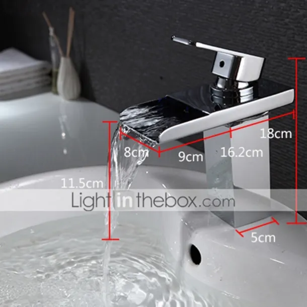 Bathroom Sink Faucet with Supply Hose,LED Waterfall Spout Single Handle Single Hole Vessel Lavatory Faucet,Slanted Body Basin Mixer Tap