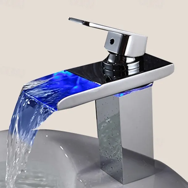 Bathroom Sink Faucet with Supply Hose,LED Waterfall Spout Single Handle Single Hole Vessel Lavatory Faucet,Slanted Body Basin Mixer Tap