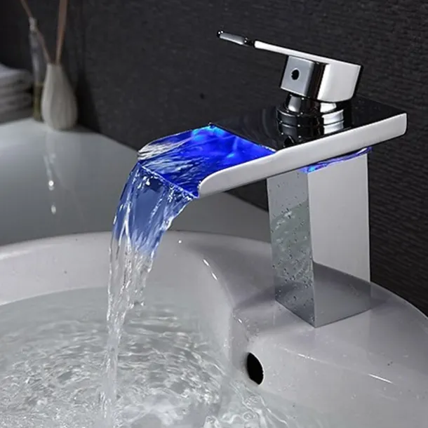 Bathroom Sink Faucet with Supply Hose,LED Waterfall Spout Single Handle Single Hole Vessel Lavatory Faucet,Slanted Body Basin Mixer Tap