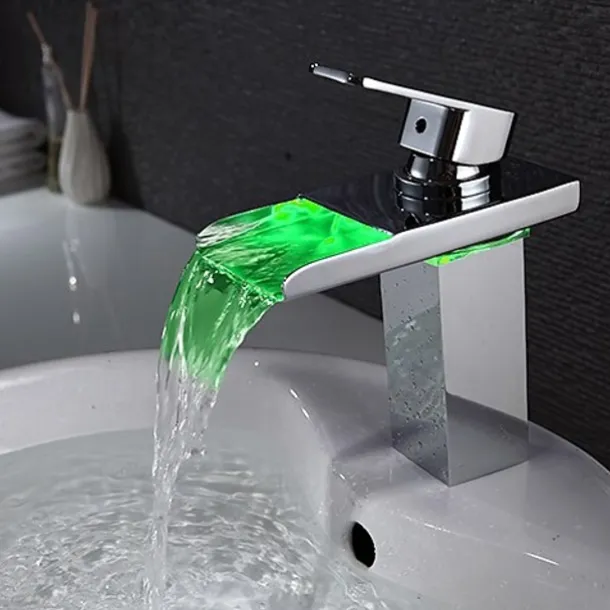 Bathroom Sink Faucet with Supply Hose,LED Waterfall Spout Single Handle Single Hole Vessel Lavatory Faucet,Slanted Body Basin Mixer Tap
