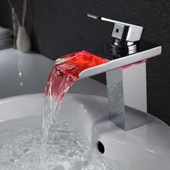 Bathroom Sink Faucet with Supply Hose,LED Waterfall Spout Single Handle Single Hole Vessel Lavatory Faucet,Slanted Body Basin Mixer Tap