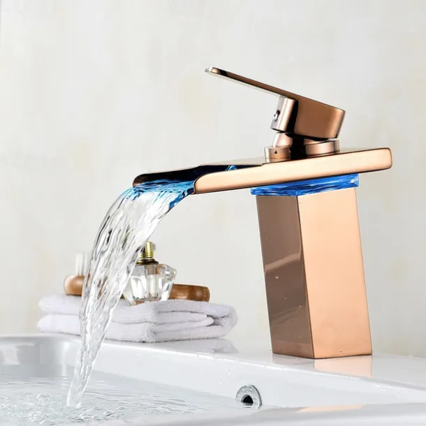 Bathroom Sink Faucet with Supply Hose,LED Waterfall Spout Single Handle Single Hole Vessel Lavatory Faucet,Slanted Body Basin Mixer Tap