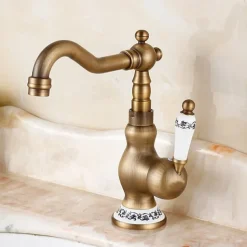 Bathroom Sink Faucet,Antique Brass Retro Style Single Handle One Hole Standard Spout Rotatable Faucet Set with Ceramic Handle and Hot/Cold Water