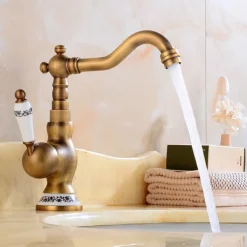 Bathroom Sink Faucet,Antique Brass Retro Style Single Handle One Hole Standard Spout Rotatable Faucet Set with Ceramic Handle and Hot/Cold Water