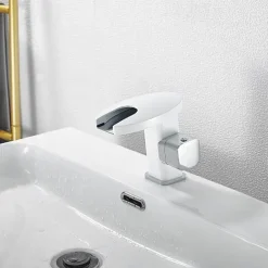 Bathroom Sink Faucet,LED Waterfall Temperature Controlled 3-Colors Electroplated Centerset Single Handle One Hole Bath Taps