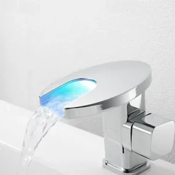 Bathroom Sink Faucet,LED Waterfall Temperature Controlled 3-Colors Electroplated Centerset Single Handle One Hole Bath Taps