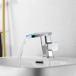 Bathroom Sink Faucet,LED Waterfall Temperature Controlled 3-Colors Electroplated Centerset Single Handle One Hole Bath Taps