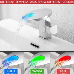 Bathroom Sink Faucet,LED Waterfall Temperature Controlled 3-Colors Electroplated Centerset Single Handle One Hole Bath Taps