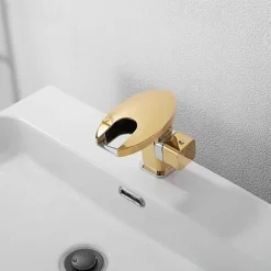 Bathroom Sink Faucet,LED Waterfall Temperature Controlled 3-Colors Electroplated Centerset Single Handle One Hole Bath Taps