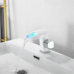 Bathroom Sink Faucet,LED Waterfall Temperature Controlled 3-Colors Electroplated Centerset Single Handle One Hole Bath Taps