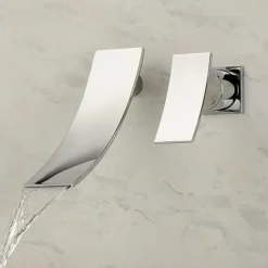 Bathroom Sink Faucet,Modern Style Stainless Steel Slide Shape Design Wall Mount Waterfall Chrome Single Handle Two Holes Bath Taps with Hot and Cold Switch and Valve
