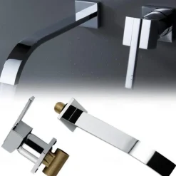Bathroom Sink Faucets,Brass Waterfall Modern Style Wall Mount Single Handle Two Holes Chrome Finish Bath Tap with Cold and Hot Switch