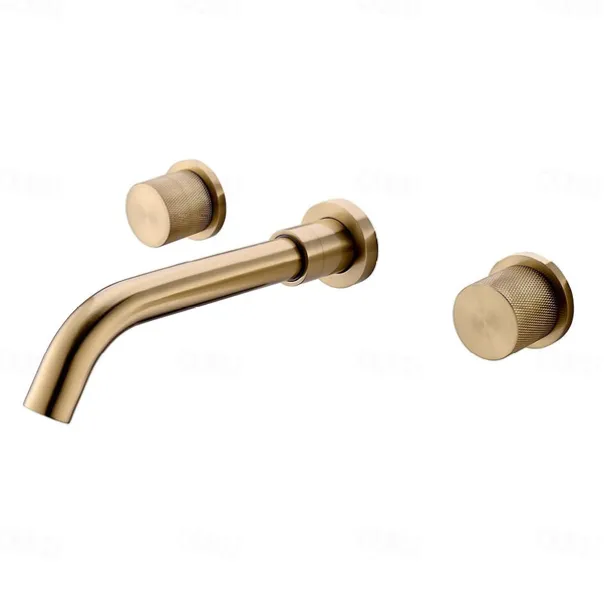 Bathroom Sink Faucet,Wall Mounted Brass Luxury Brushed Gold Finish Widespread Washroom Faucet Two Handles Three Holes Basin Sink Mixer Tap with Hot and Cold Switch