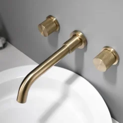 Bathroom Sink Faucet,Wall Mounted Brass Luxury Brushed Gold Finish Widespread Washroom Faucet Two Handles Three Holes Basin Sink Mixer Tap with Hot and Cold Switch