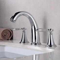 Bathroom Sink Faucet,Widespread Brass Two Handles Three Holes Bathroom Faucet with Valve and Hot/Cold Switch