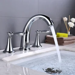Bathroom Sink Faucet,Widespread Brass Two Handles Three Holes Bathroom Faucet with Valve and Hot/Cold Switch