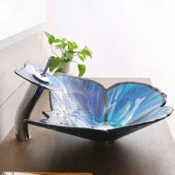 Bathroom Vessel Sink Butterfly Shape Artistic Tempered Glass Vessel Sink Vessel Bowl Sink Countertop Vanity Vessel Sink with Waterfall Faucet and Pop Up Drain Combo