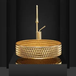 Bathroom Vessel Sink Round Contemporary Plating Glass Vessel Sink And Chrome Finish Waterfall Faucet Combo