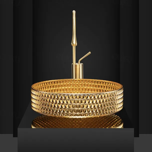 Bathroom Vessel Sink Round Contemporary Plating Glass Vessel Sink And Chrome Finish Waterfall Faucet Combo