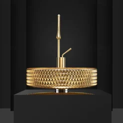 Bathroom Vessel Sink Round Contemporary Plating Glass Vessel Sink And Chrome Finish Waterfall Faucet Combo