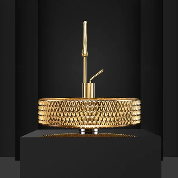 Bathroom Vessel Sink Round Contemporary Plating Glass Vessel Sink And Chrome Finish Waterfall Faucet Combo