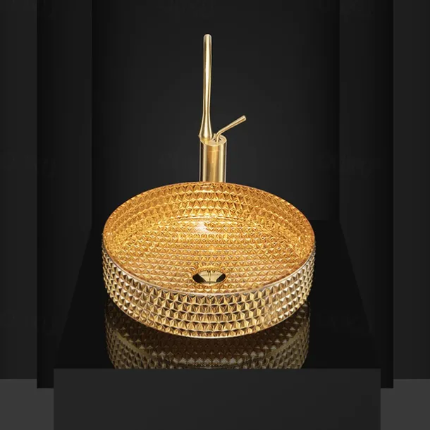 Bathroom Vessel Sink Round Contemporary Plating Glass Vessel Sink And Chrome Finish Waterfall Faucet Combo