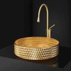 Bathroom Vessel Sink Round Contemporary Plating Glass Vessel Sink And Chrome Finish Waterfall Faucet Combo