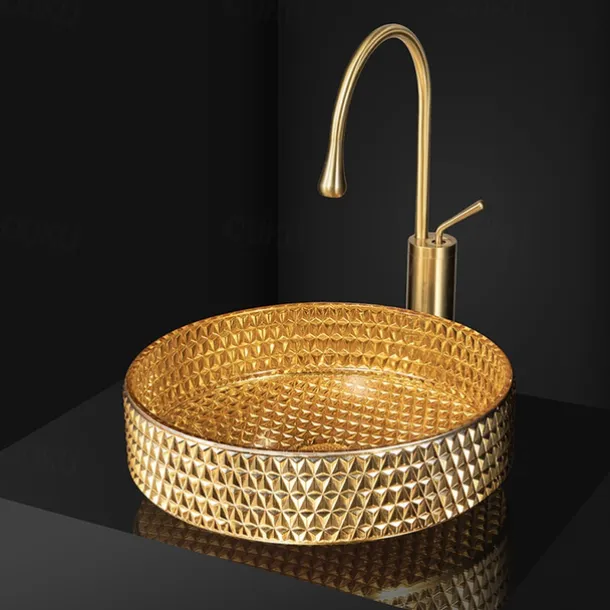 Bathroom Vessel Sink Round Contemporary Plating Glass Vessel Sink And Chrome Finish Waterfall Faucet Combo