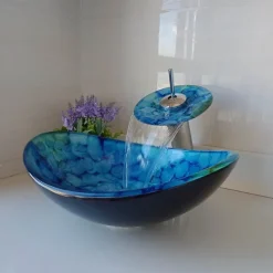 Bathroom Vessel Sink Set Rectangular 16"x13", Sink Mixer Faucet and Drain Combo with Pop-up Drain, Boat Shape Color Tempered Glass Artistic Vessel Vanity Sink Bowl, Above Counter Sink Art Wash Basin