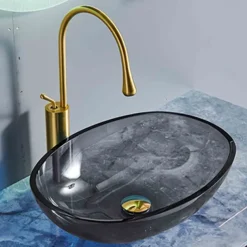 Bathroom Vessel Sink Tempered Glass Wash Basin Bowl Above Counter Art Vessel Sink with Water Drop Faucets and Pop-Up Drain