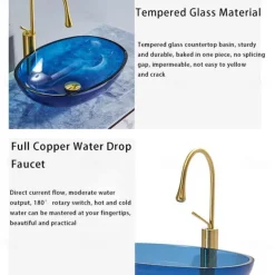 Bathroom Vessel Sink Tempered Glass Wash Basin Bowl Above Counter Art Vessel Sink with Water Drop Faucets and Pop-Up Drain