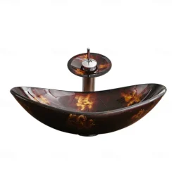 Bathroom Vessel Sink with Faucet Mounting Ring and Pop Up Drain Round Bowl BasinBrown