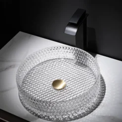 Bathroom Vessel Sink with Black Faucet, Modern Clear Tempered Glass Basin with Pop-Up Drain, Artistic Round Basin Bowl Set, Above Counter Vanity Sink