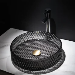 Bathroom Vessel Sink with Chrome Faucet,Wash Basin Glass Countertop Cylinder Wash Basin Hand Washbasin Worktop Installation Glass Basin Set with Chrome Brass Tap