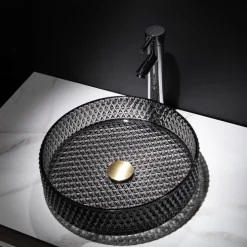 Bathroom Vessel Sink with Chrome Faucet,Wash Basin Glass Countertop Cylinder Wash Basin Hand Washbasin Worktop Installation Glass Basin Set with Chrome Brass Tap