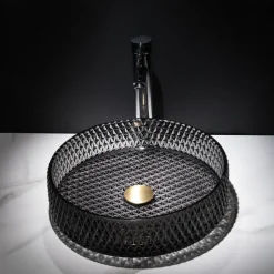 Bathroom Vessel Sink with Chrome Faucet,Wash Basin Glass Countertop Cylinder Wash Basin Hand Washbasin Worktop Installation Glass Basin Set with Chrome Brass Tap