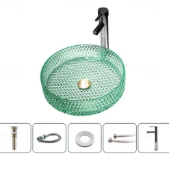 Bathroom Vessel Sink with Chrome Faucet,Wash Basin Glass Countertop Cylinder Wash Basin Hand Washbasin Worktop Installation Glass Basin Set with Chrome Brass Tap