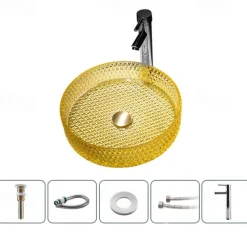 Bathroom Vessel Sink with Chrome Faucet,Wash Basin Glass Countertop Cylinder Wash Basin Hand Washbasin Worktop Installation Glass Basin Set with Chrome Brass Tap