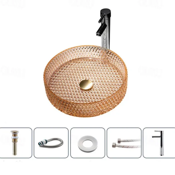 Bathroom Vessel Sink with Chrome Faucet,Wash Basin Glass Countertop Cylinder Wash Basin Hand Washbasin Worktop Installation Glass Basin Set with Chrome Brass Tap