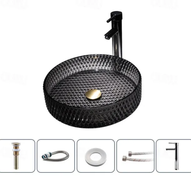 Bathroom Vessel Sink with Chrome Faucet,Wash Basin Glass Countertop Cylinder Wash Basin Hand Washbasin Worktop Installation Glass Basin Set with Chrome Brass Tap