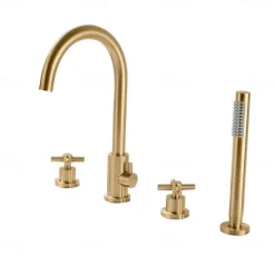 Bathtub Faucet - Contemporary Nickel Brushed Roman Tub Brass Valve Bath Shower Mixer Taps / Two Handles Four Holes
