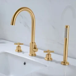 Bathtub Faucet - Contemporary Nickel Brushed Roman Tub Brass Valve Bath Shower Mixer Taps / Two Handles Four Holes