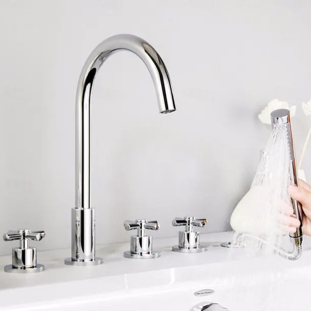 Bathtub Faucet 5 Hole Bathroom Tub Taps Deck Mounted, 3 Handle Sink Mixer Hot and Cold Bathroom Shower Faucets with Handshower Handheld Tap