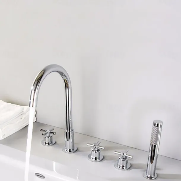 Bathtub Faucet 5 Hole Bathroom Tub Taps Deck Mounted, 3 Handle Sink Mixer Hot and Cold Bathroom Shower Faucets with Handshower Handheld Tap