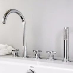 Bathtub Faucet 5 Hole Bathroom Tub Taps Deck Mounted, 3 Handle Sink Mixer Hot and Cold Bathroom Shower Faucets with Handshower Handheld Tap