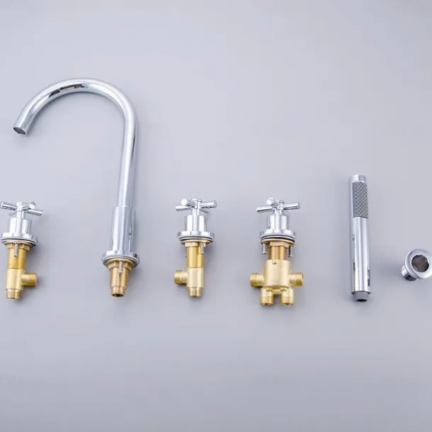 Bathtub Faucet 5 Hole Bathroom Tub Taps Deck Mounted, 3 Handle Sink Mixer Hot and Cold Bathroom Shower Faucets with Handshower Handheld Tap