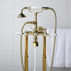 Bathtub Faucet - Retro Vintage Electroplated Free Standing Ceramic Valve Bath Shower Mixer Taps